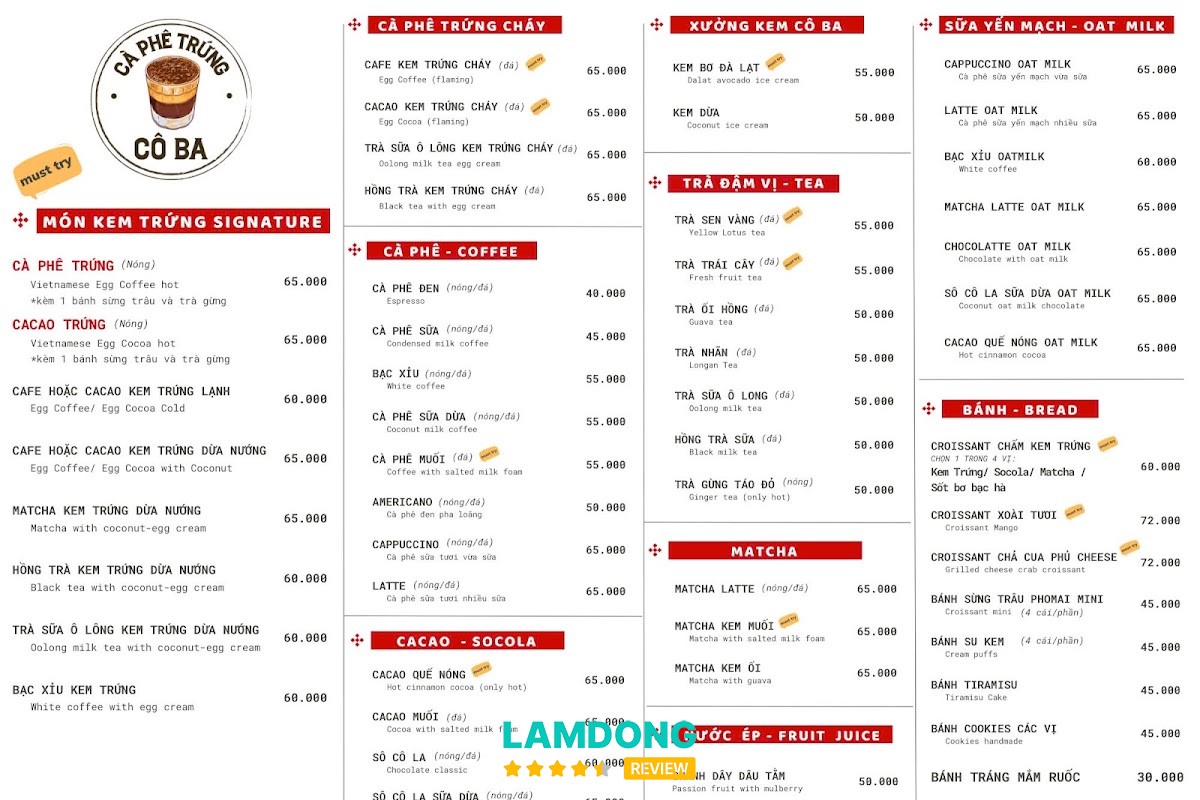 Menu Tiệm Cà Phê Trứng Cô Ba