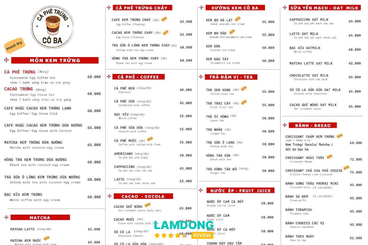 Đồ uống trong menu Cô Ba