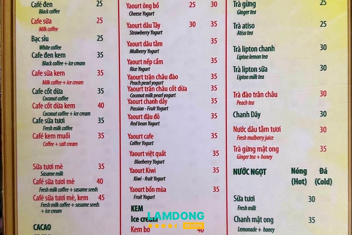 Menu Cafe Nga Đà Lạt