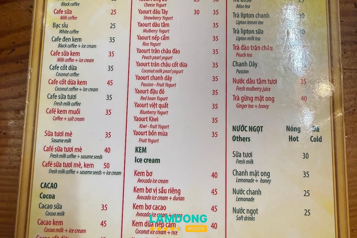 Đồ uống tại Cafe Nga