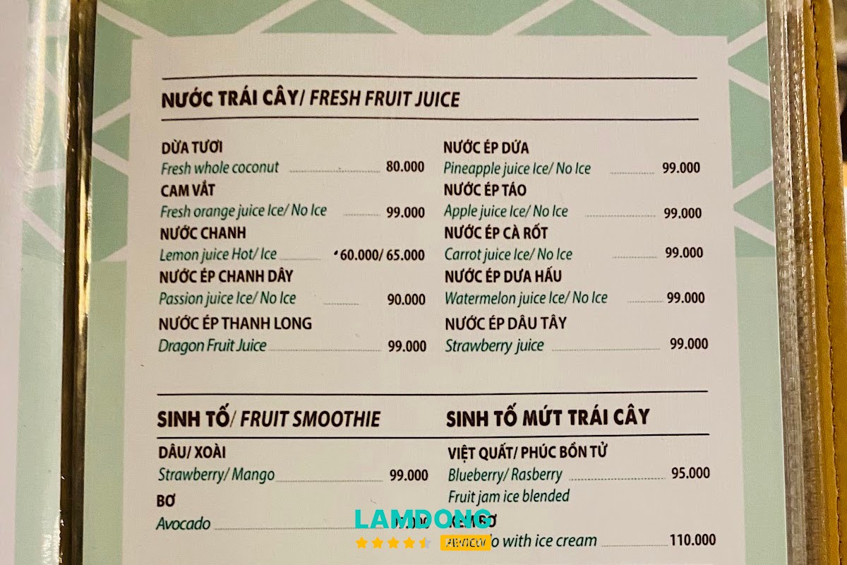 Menu Cafe Gia Nguyễn Đà Lạt