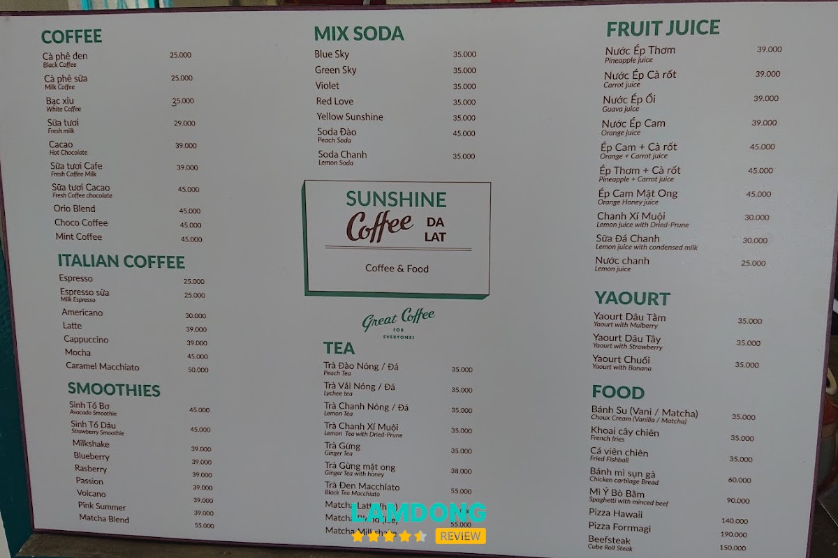 Đồ uống tại Sunshine Coffee Dalat