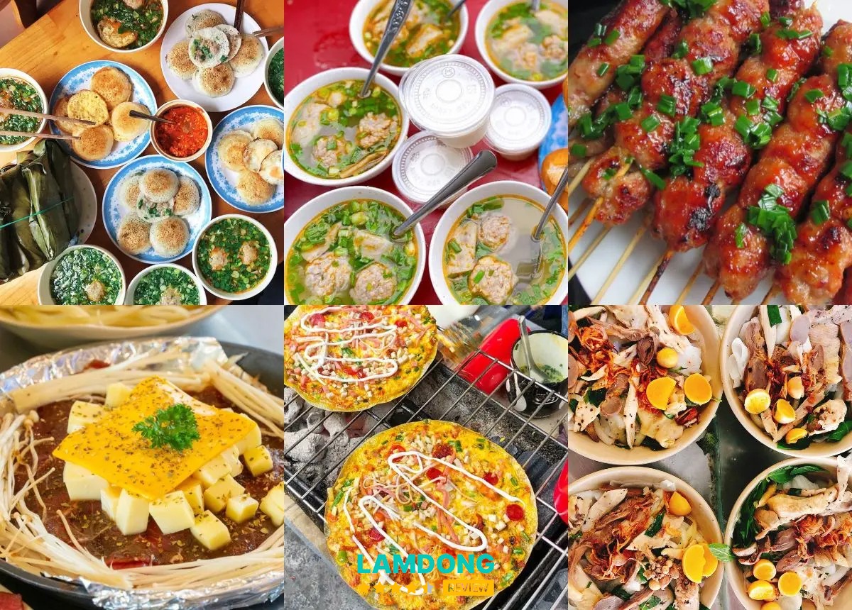 Bàn ăn với bánh căn, lẩu gà lá é, bánh tráng nướng và sữa đậu nành nóng