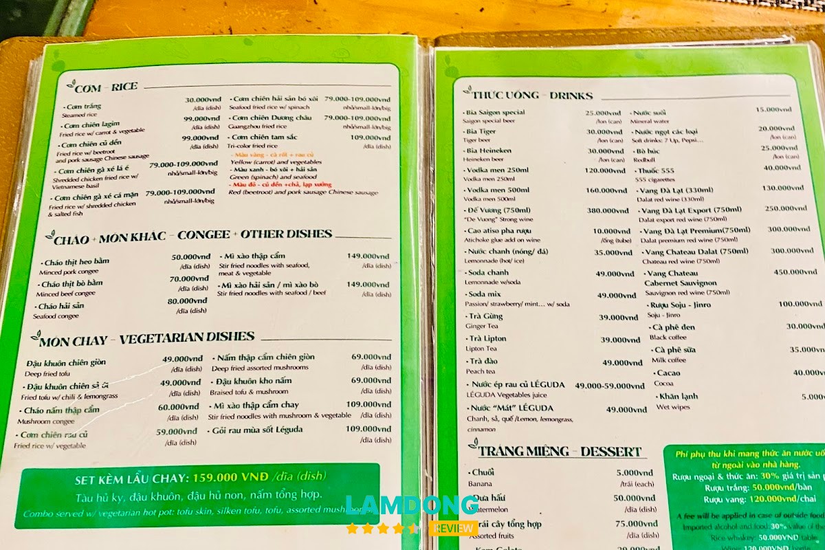 Menu tại Léguda Buffet Rau Đà Lạt