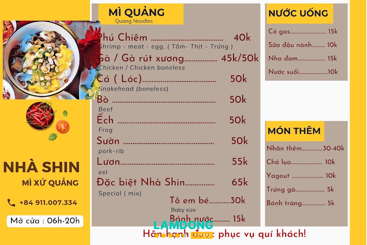 Menu Mì Quảng Nhà Shin Đà Lạt