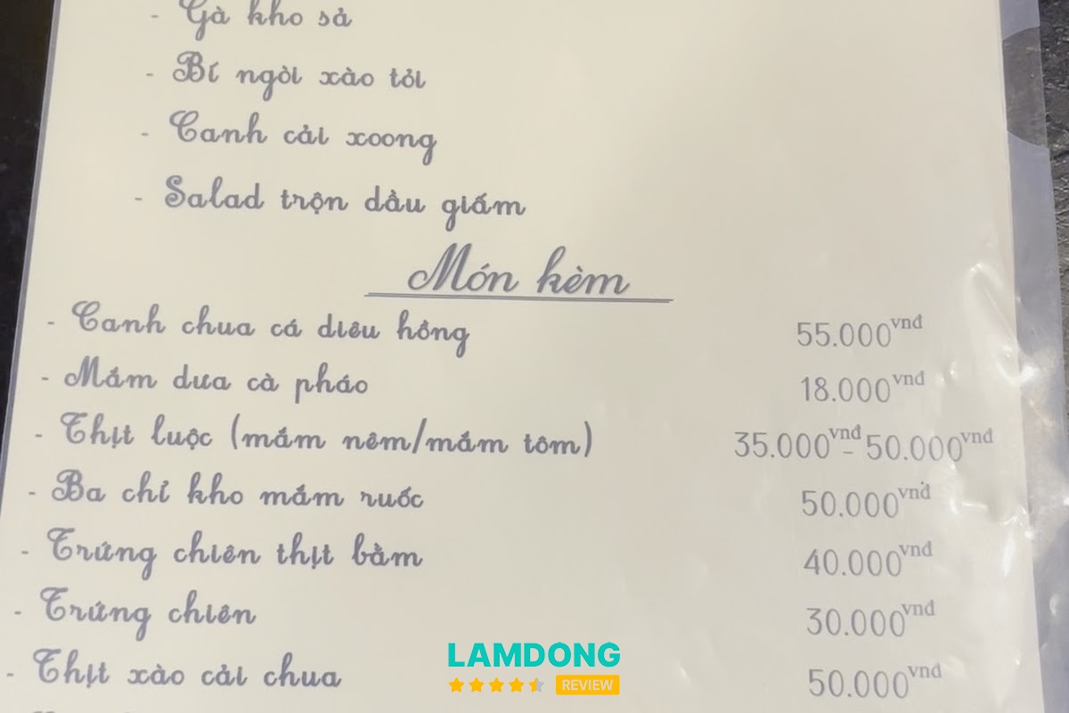 Menu Tiệm Cơm Hồi Nớ