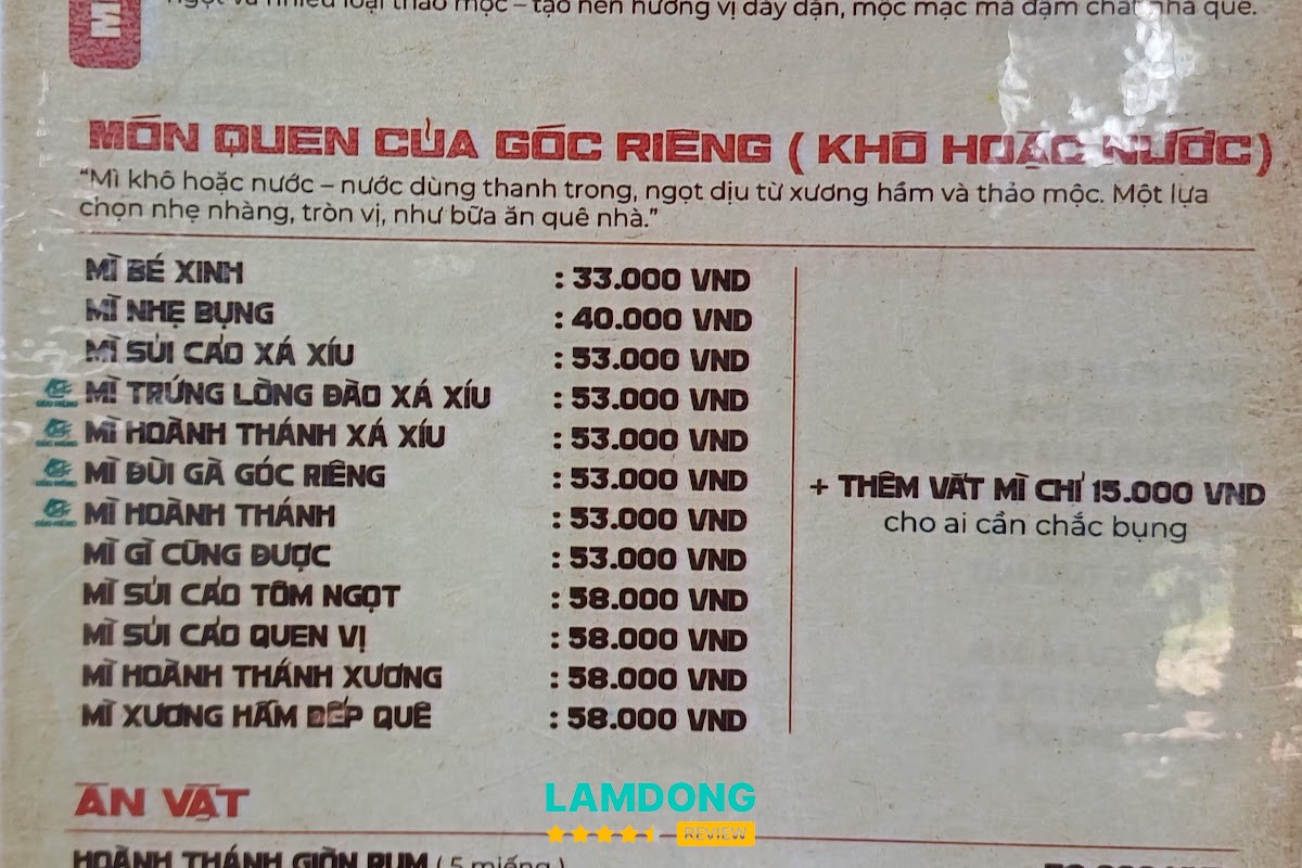Menu tại Góc Riêng Quán Mì Tươi Bảo Lộc