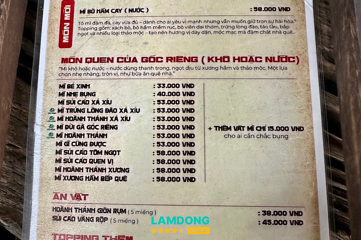 Bảng menu Góc Riêng Quán Bảo Lộc