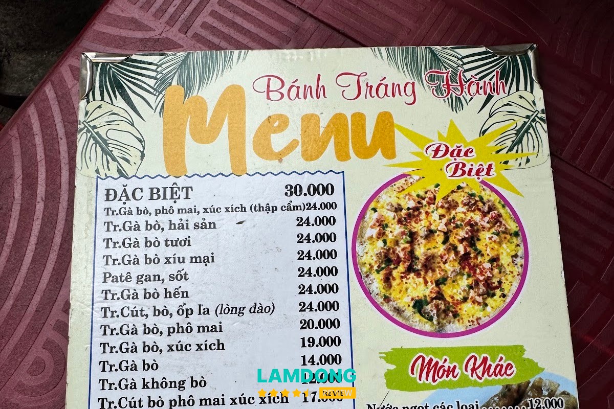 Menu tại Bánh Tráng nướng Dì Đinh