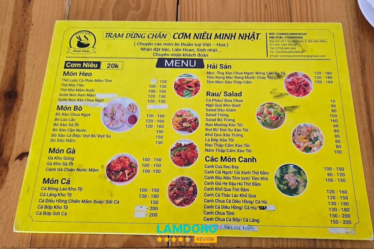 Menu Cơm Niêu Minh Nhật tại Di Linh