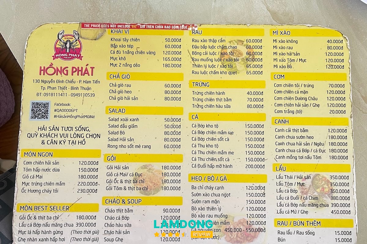 Menu Hải Sản Hồng Phát tại Mũi Né