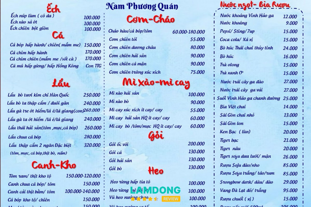 Menu Nam Phương Quán tại Mũi Né