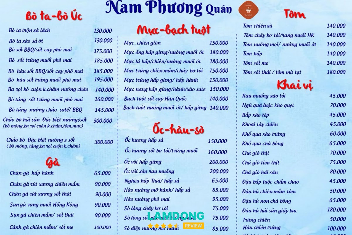Hình ảnh menu Nam Phương Quán