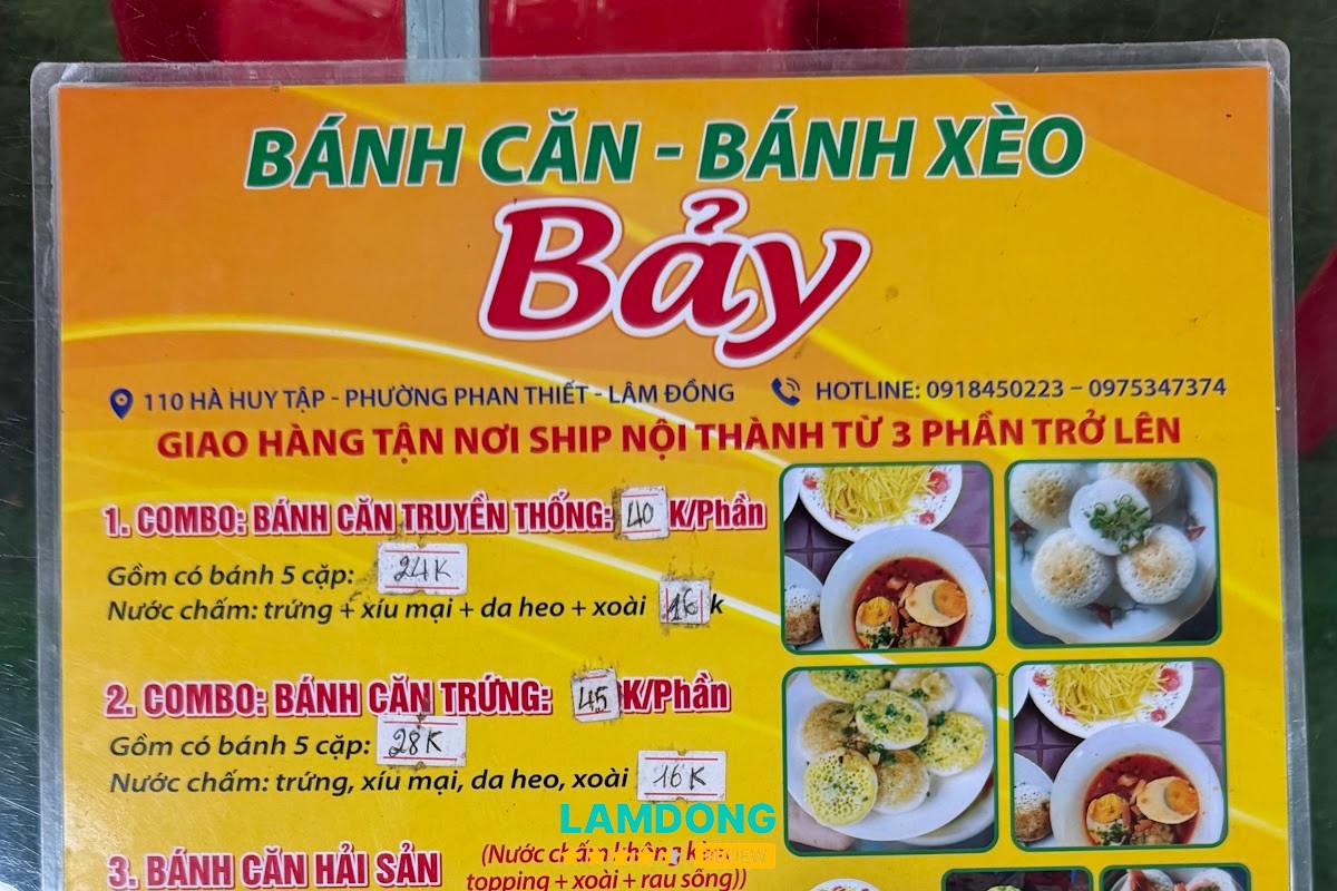 Menu tại Bánh căn, bánh xèo Bảy