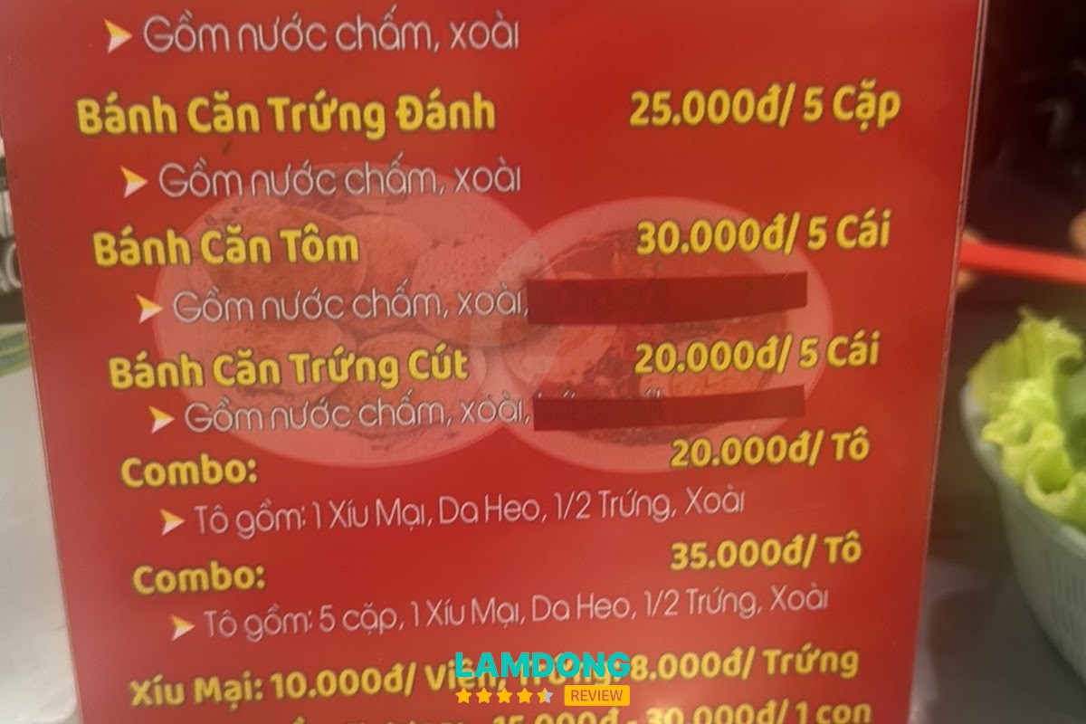 Menu tại Bánh Xèo bánh căn cây phượng