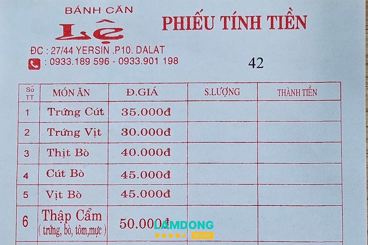 Menu Bánh căn Lệ tại Đà Lạt