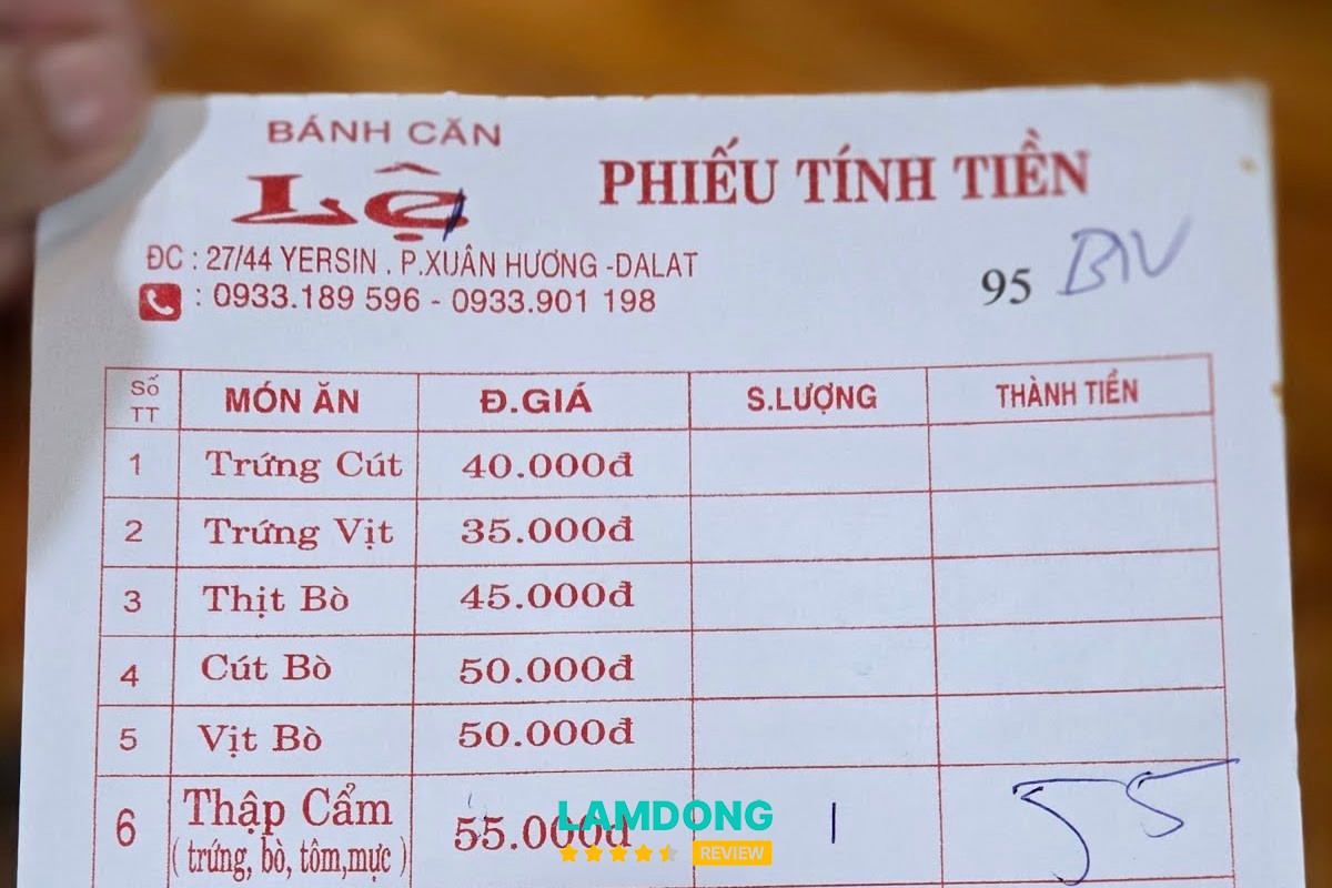 Hình ảnh menu tại Bánh căn Lệ
