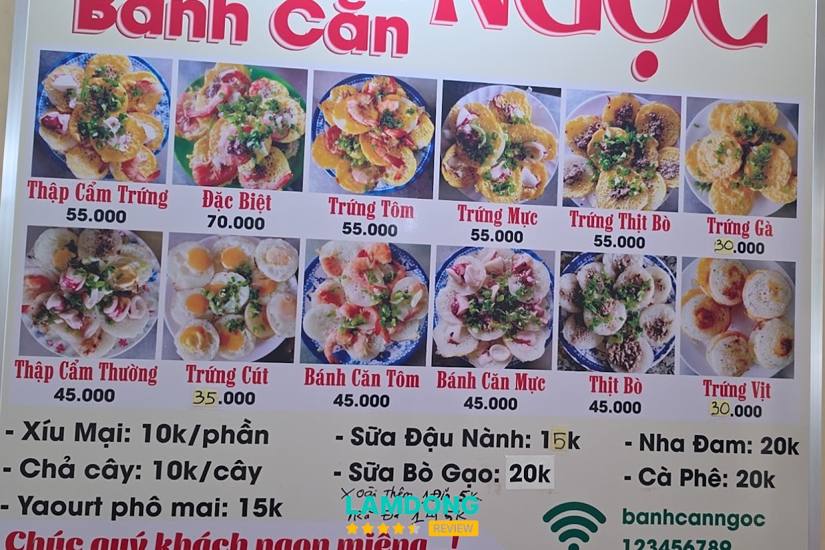 Menu Bánh căn Ngọc tại Đà Lạt