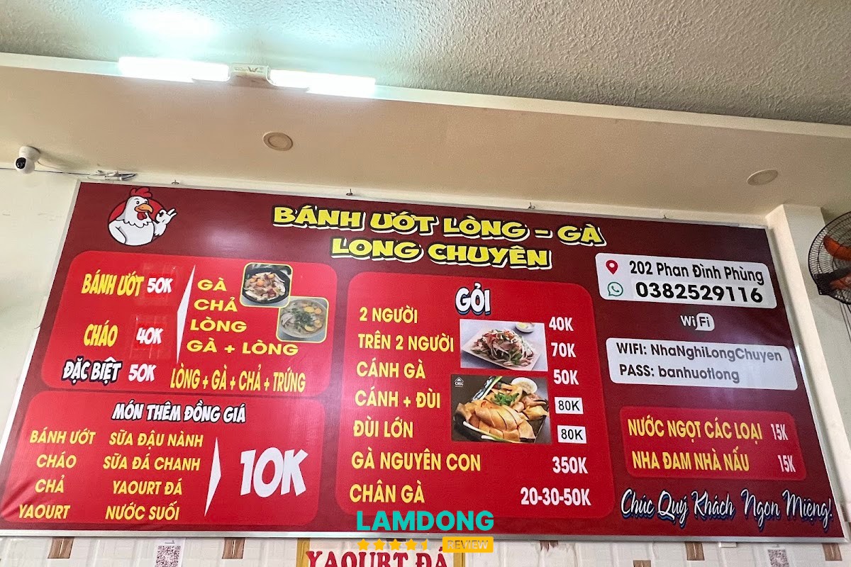 Menu Bánh ướt lòng gà LONG CHUYÊN tại Đà Lạt