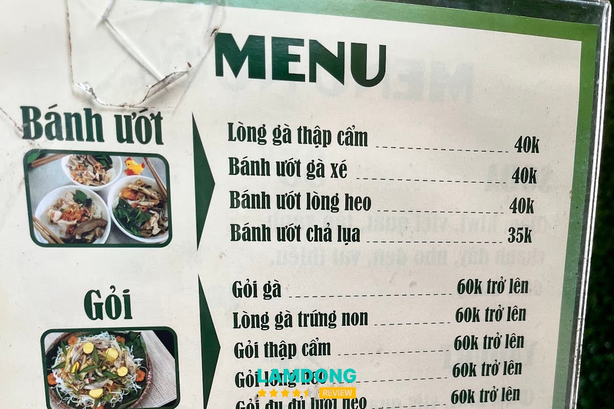Menu BÁNH ƯỚT LÒNG GÀ HẰNG tại Đà Lạt