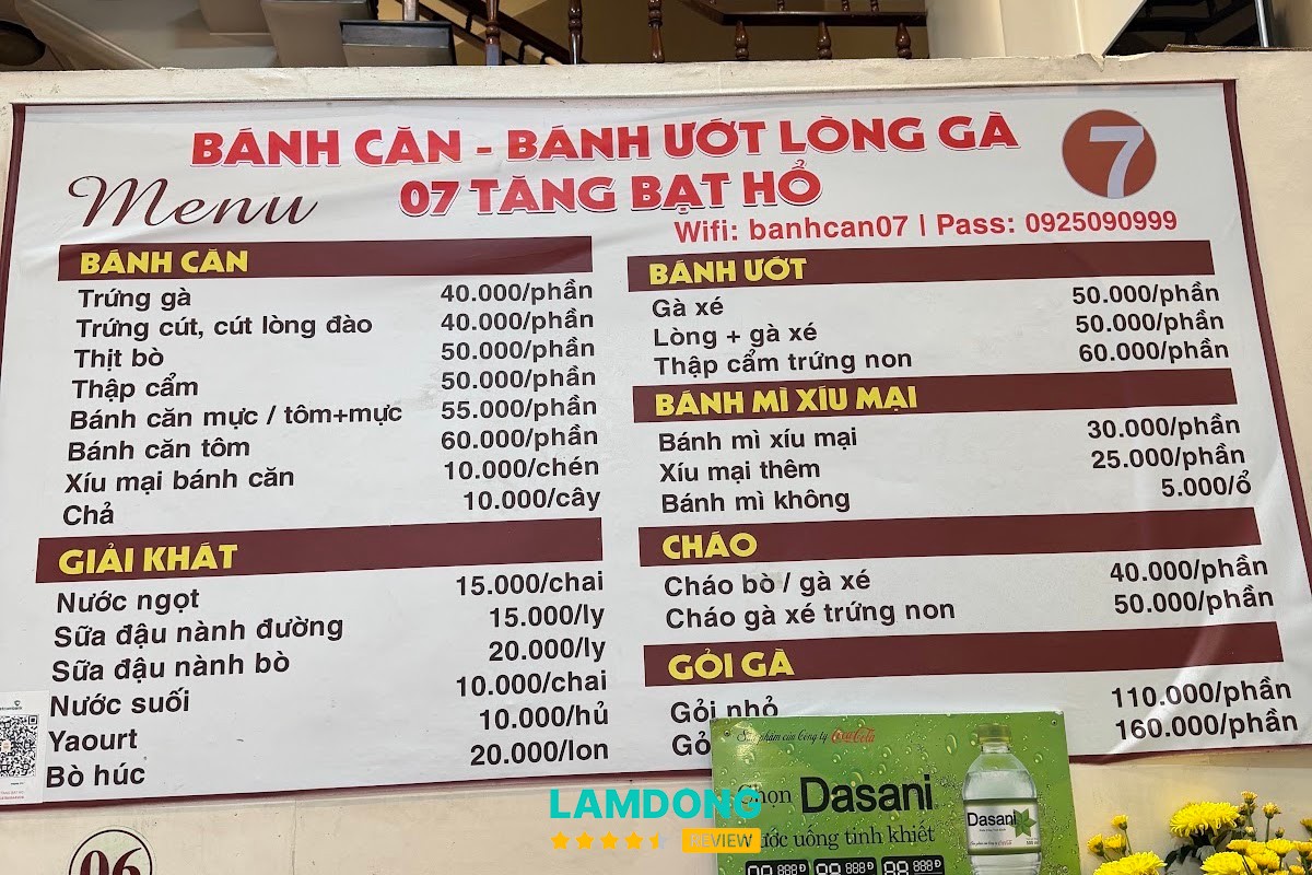 Menu Bánh Căn - Bánh Ướt Lòng Gà 07 Tăng Bạt Hổ tại Đà Lạt