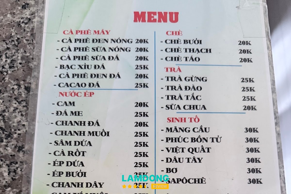 Menu tại Chè Bưởi Liên Khương