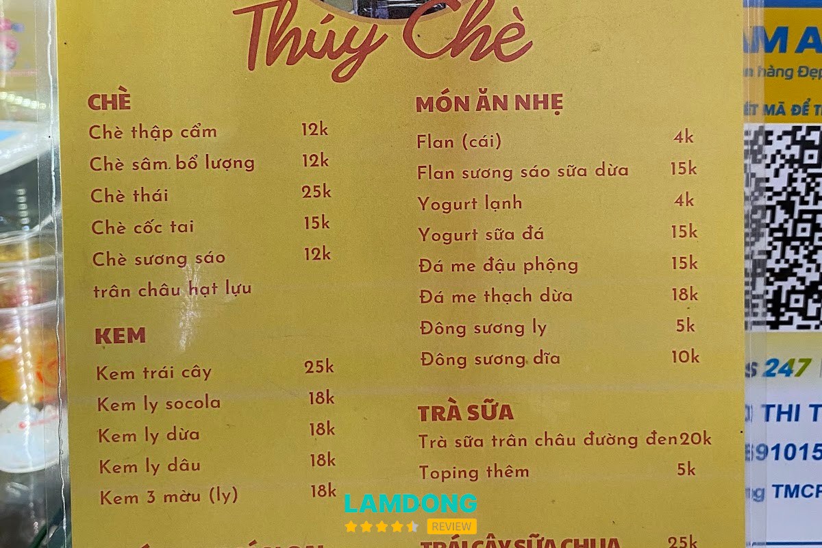 Bảng menu Thuý Chè