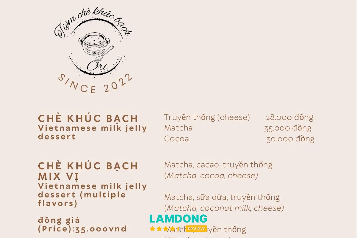 Menu Tiệm Chè Khúc Bạch Ori