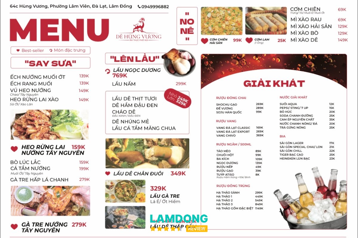 Menu tại Ẩm Thực Dê Hùng Vương