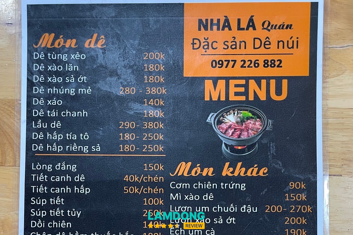 Menu tại Nhà Lá Quán