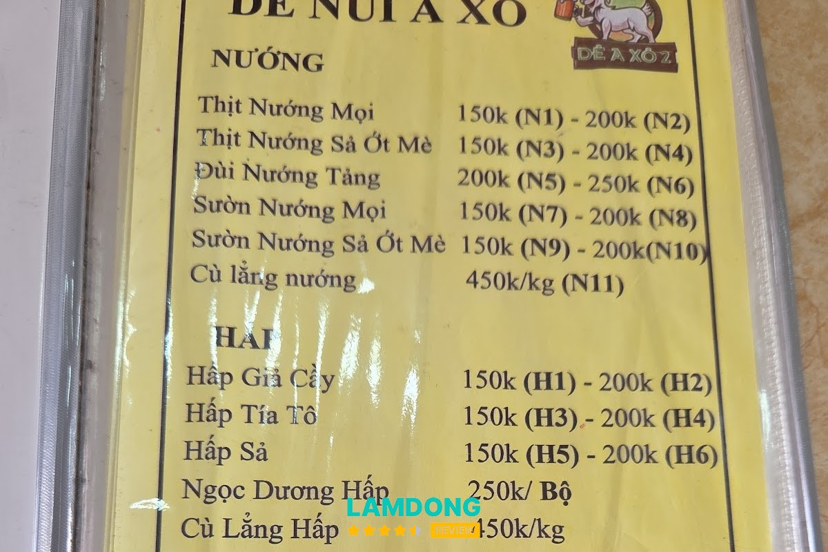Menu tại Dê Núi A Xô Chi Nhánh Đà Lạt
