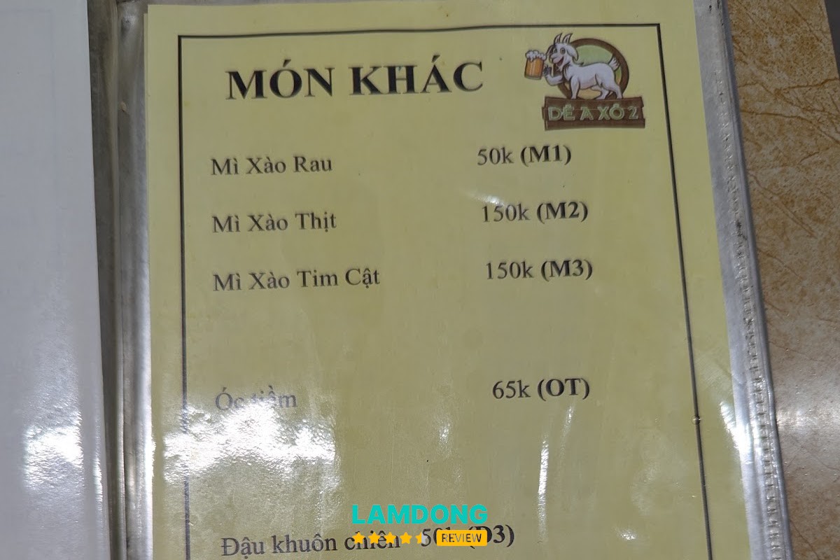 Bảng menu Dê Núi A Xô Chi Nhánh Đà Lạt