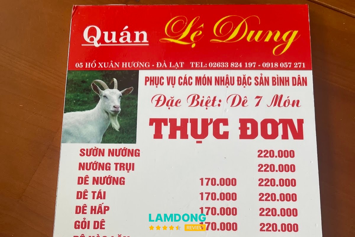 Menu tại Quán Lệ Dung