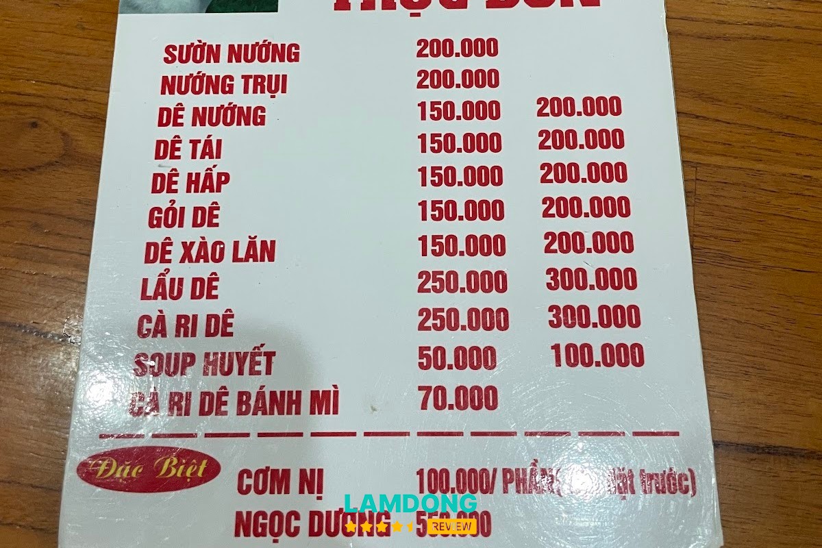Bảng menu Quán Lệ Dung