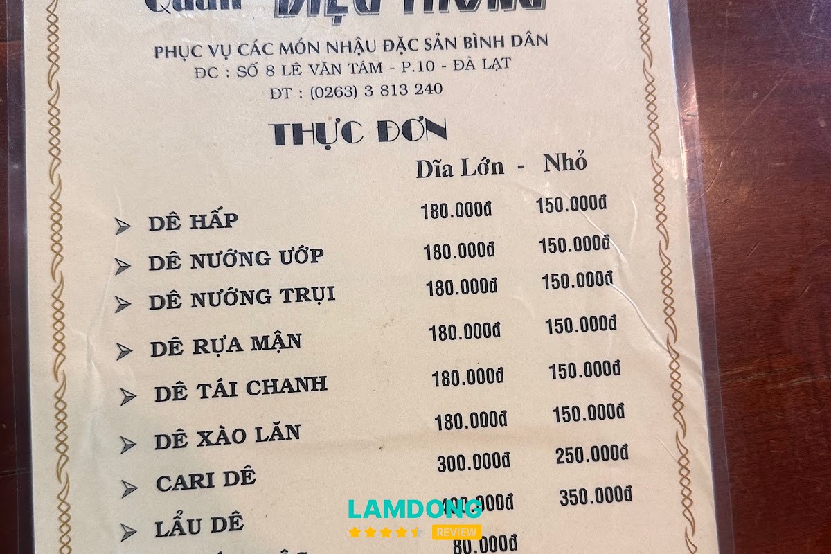 Menu tại Quán Dê DIỆU THÔNG