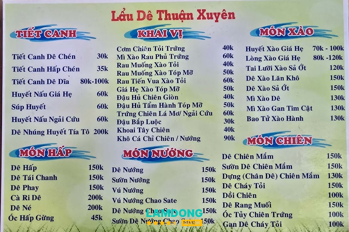Menu Lẩu Dê Thuận Xuyên