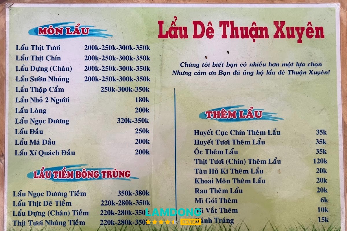 Bảng món Lẩu Dê Thuận Xuyên