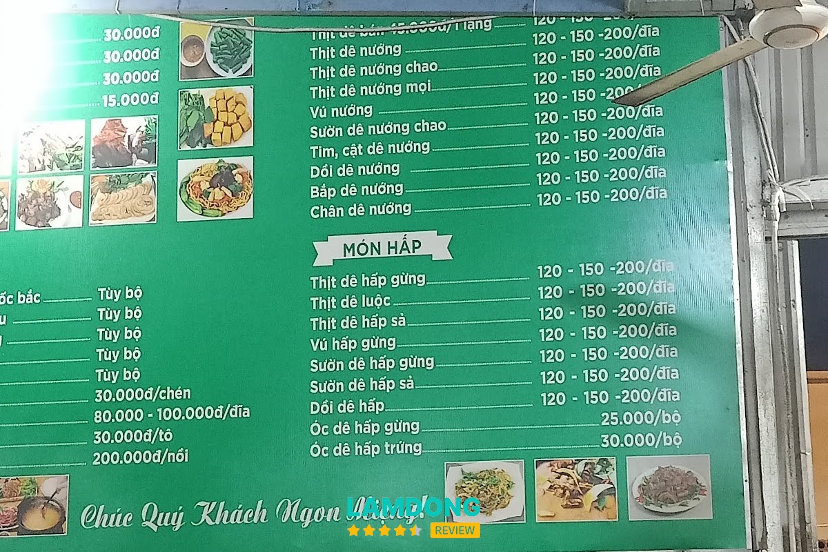 Bảng món Lẩu dê Hùng Phát
