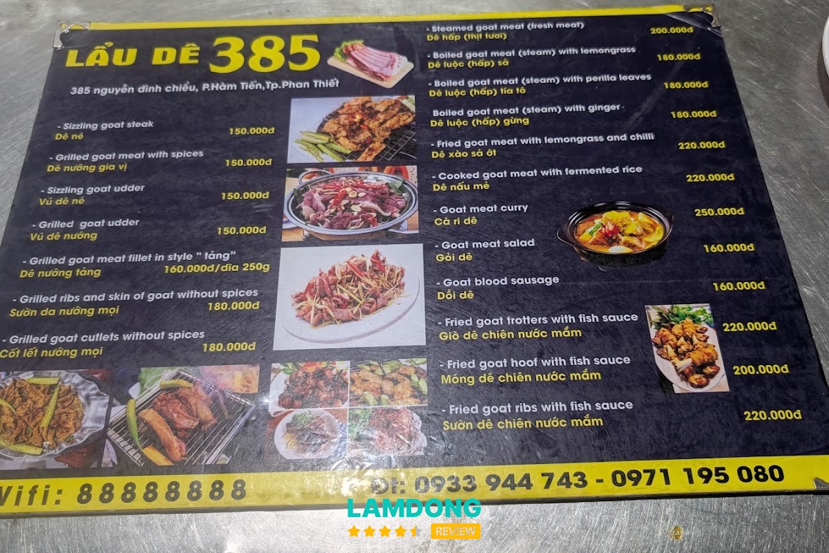 Bảng món Lau De 385