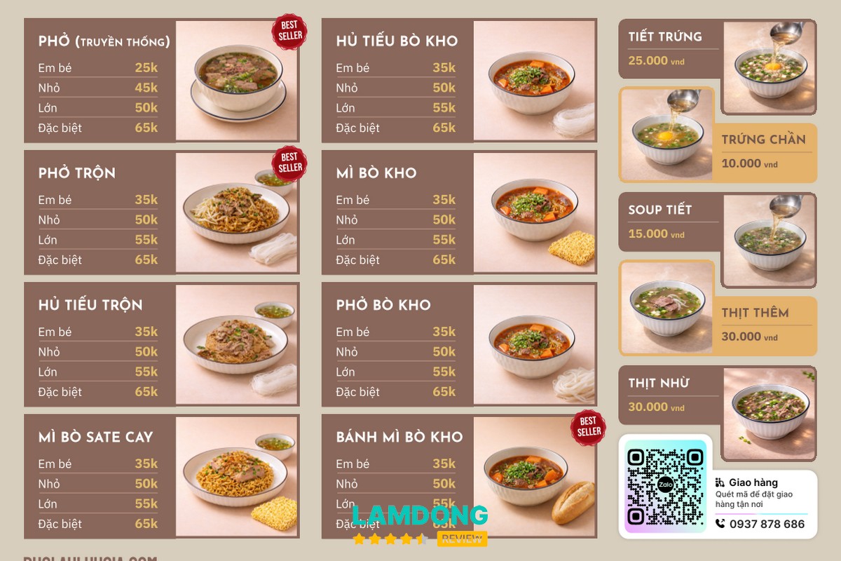 Menu tại Phở Lẩu Lưu Gia