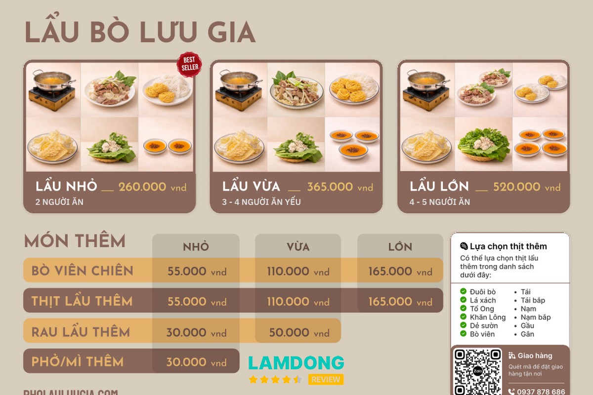 Bảng menu Phở Lẩu Lưu Gia