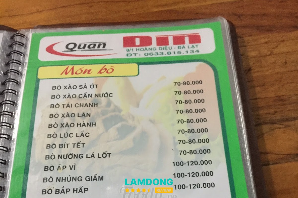 Menu Quán lẩu bò Dìn tại Đà Lạt