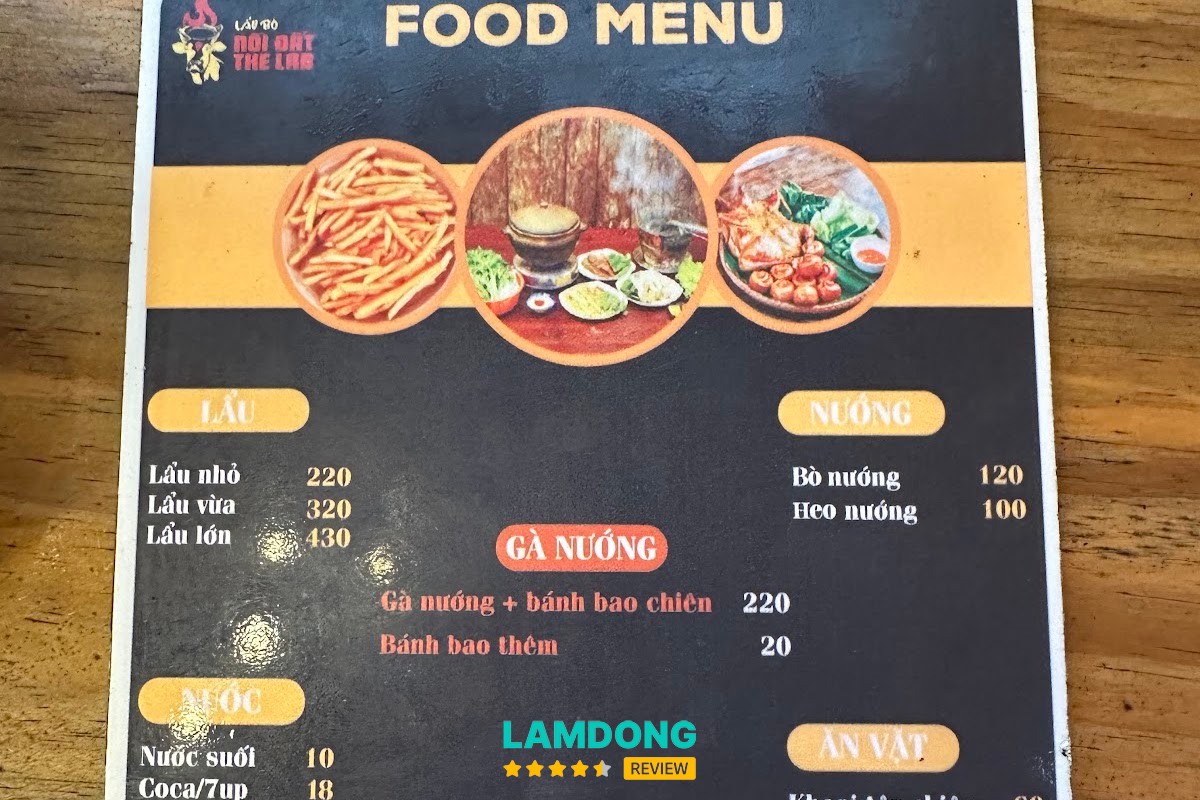 Hình ảnh menu tại Lẩu Bò Nồi Đất - The Lab Đà Lạt