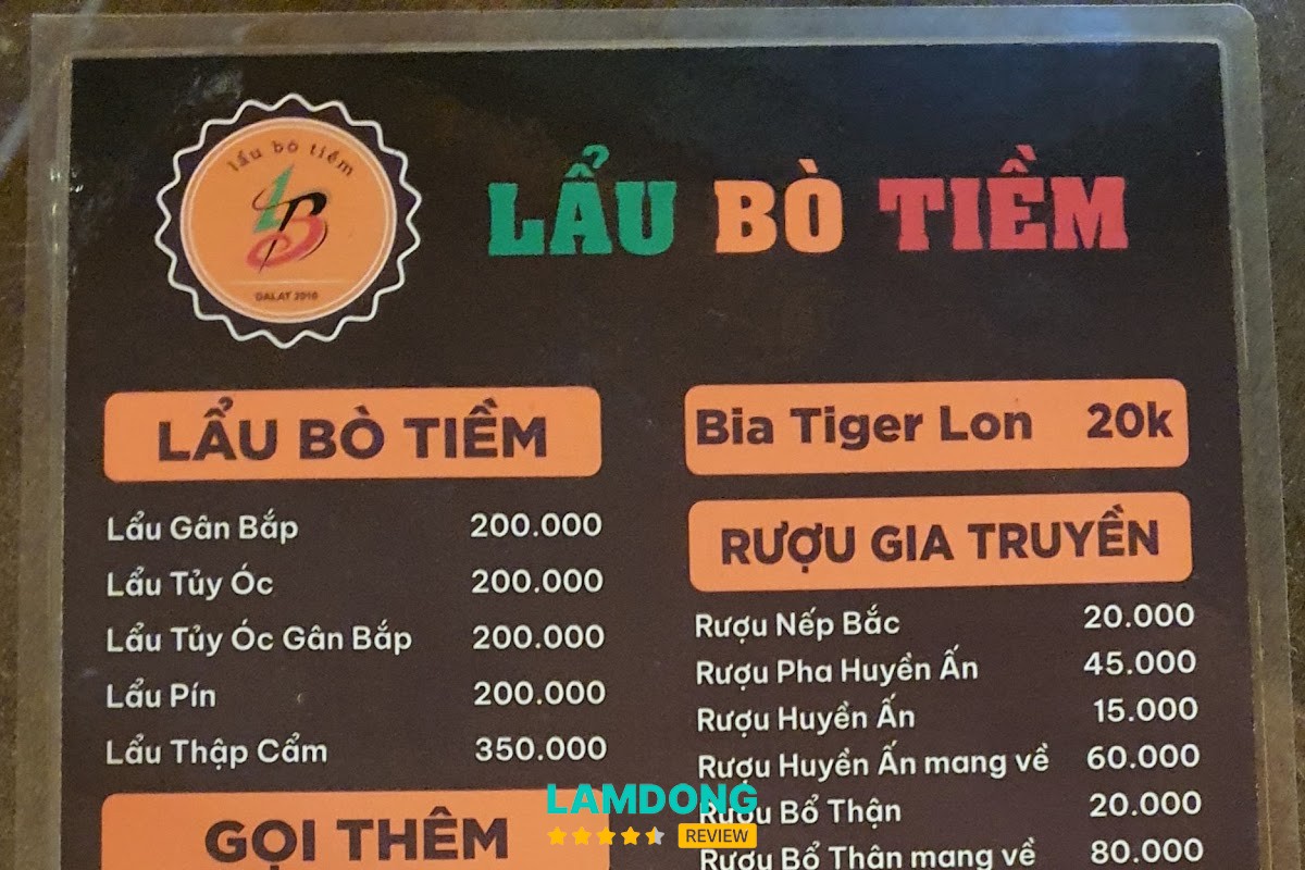 Menu Lẩu Bò Tiềm Yersin tại Đà Lạt