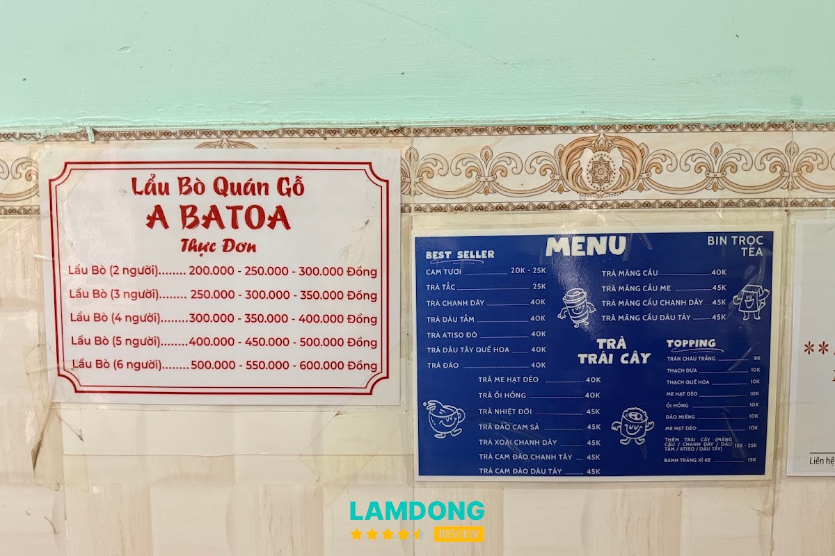 Menu Lẩu Bò Quán Gỗ ABaToa tại Đà Lạt