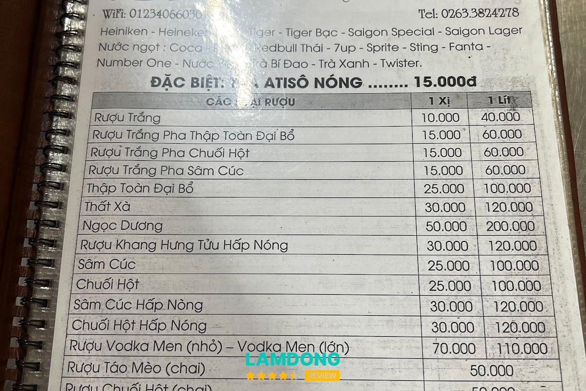 Menu Lẩu Bò Thanh Tâm BaToa tại Đà Lạt
