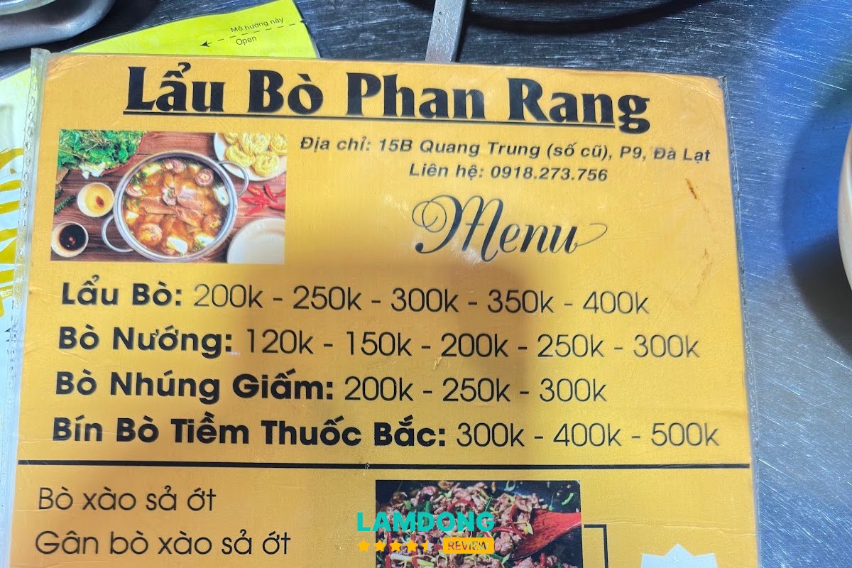 Menu Lẩu Bò Phan Rang Quang Trung tại Đà Lạt