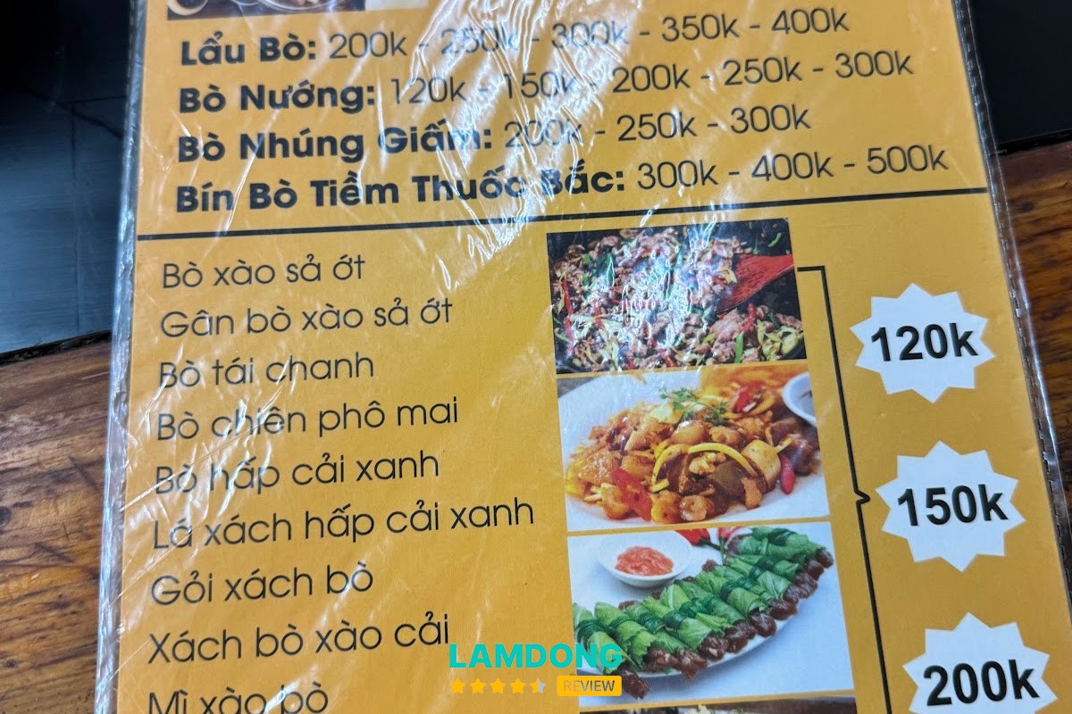 Hình ảnh menu tại Lẩu Bò Phan Rang Quang Trung