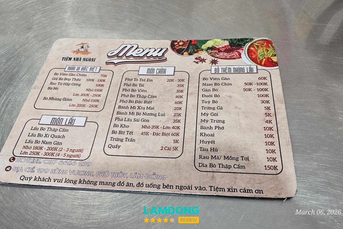 Menu Tiệm Phở Lẩu Bò Nhà Ngoại tại Phan Thiết