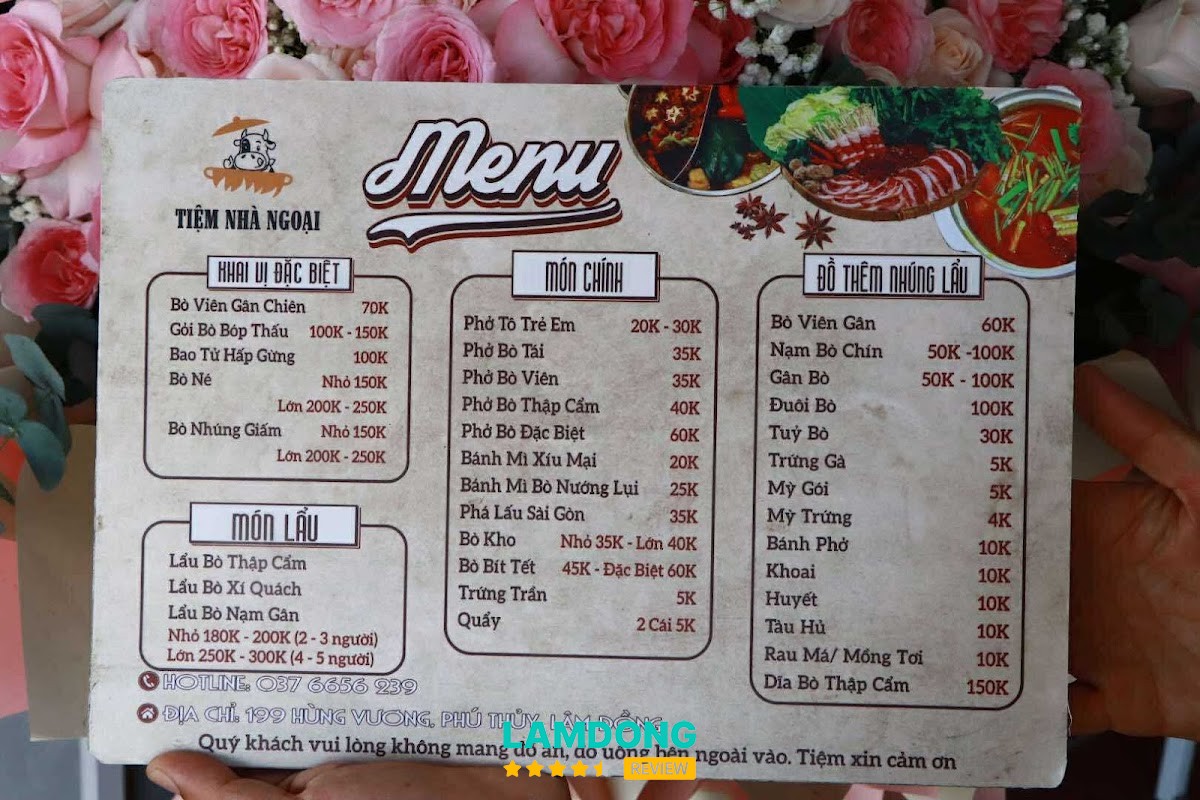 Hình ảnh menu tại Tiệm Phở Lẩu Bò Nhà Ngoại